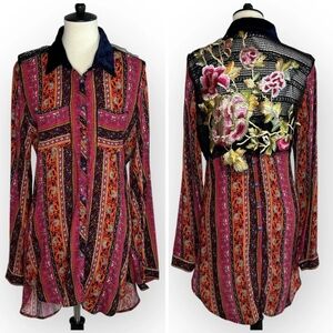 Anthropologie Cyrena Blouse XL - Elegant Embroidered Back Detail.